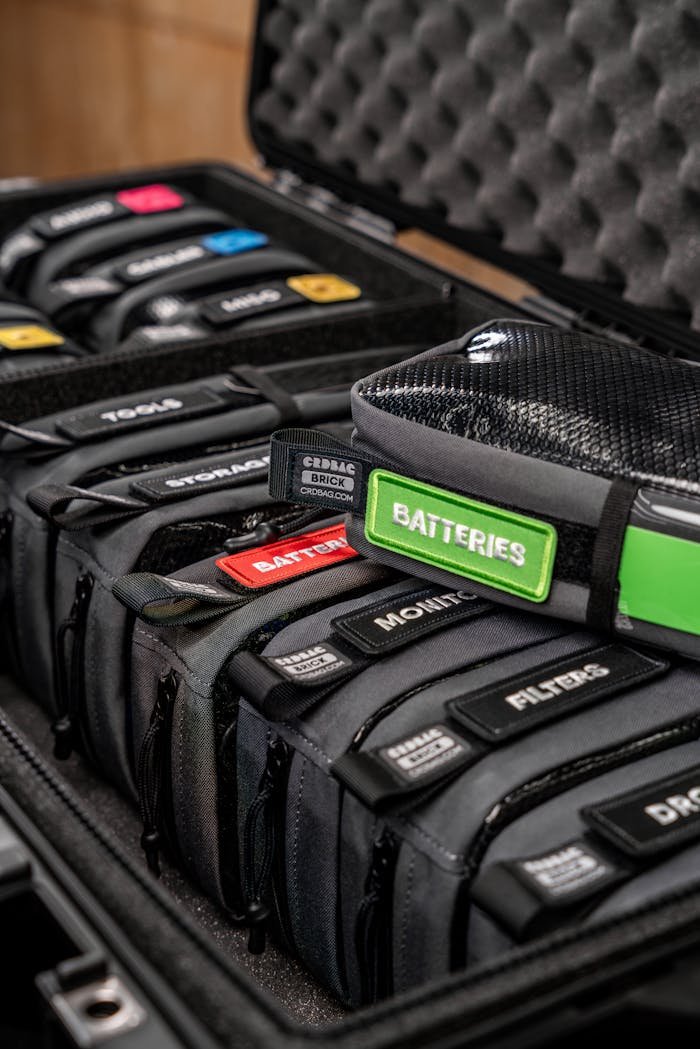 Close-up of organized DSLR camera accessories in a foam-padded hard case for secure transport.